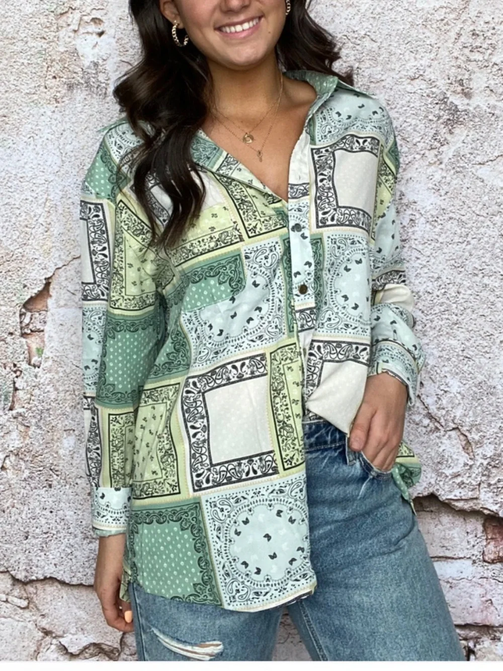 Green Paisley Button Down - Picture 2 of 6